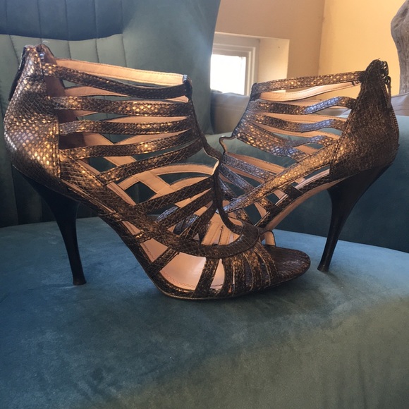 Plenty by Tracy Reese Shoes - Bronze snakeskin strappy peep toe with zip heel.
